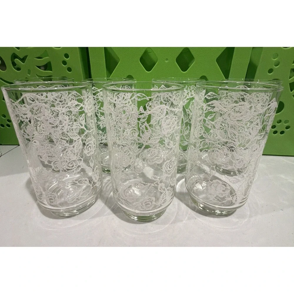 Vtg MCM Libbey 12 Oz Glass Tumbler Embossed White Rose Floral Pattern Set Of 7